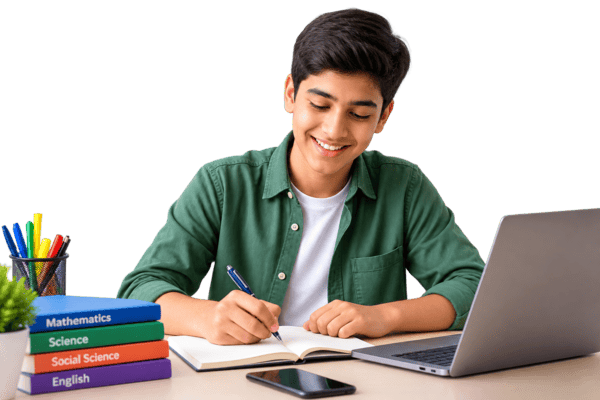 A Class 10 student working through the day's study targets with books and a laptop